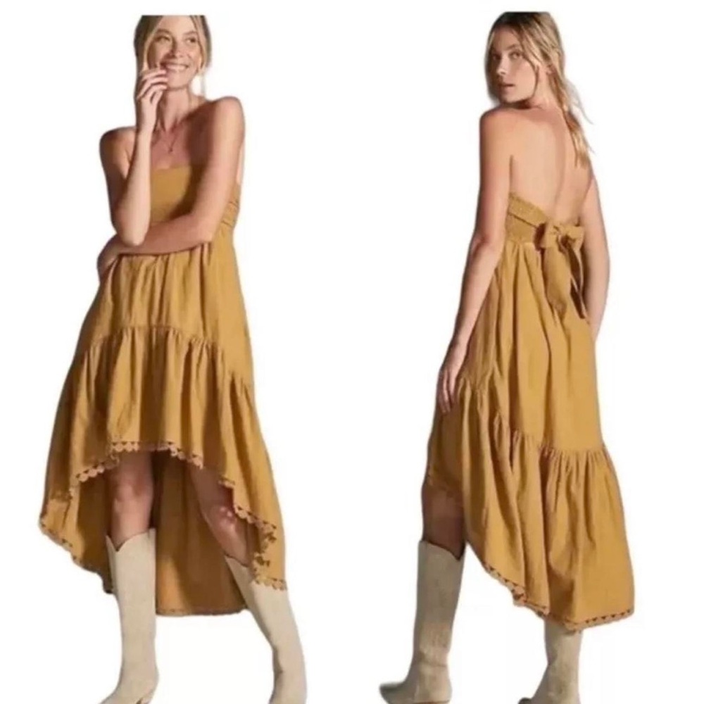 Anthropologie Maeve Boho Strapless Gold Mustard Midi Dress Size Small